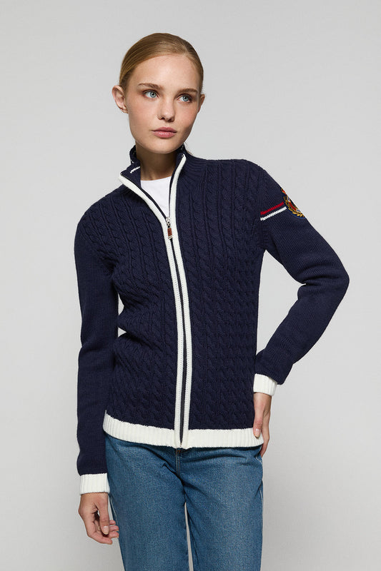 Nautical-inspired navy blue cardigan