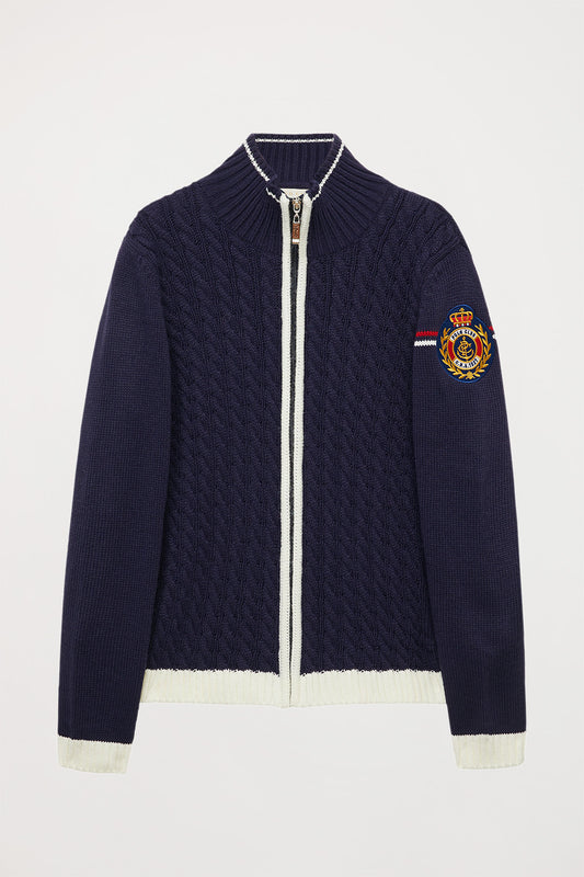 Nautical-inspired navy blue cardigan