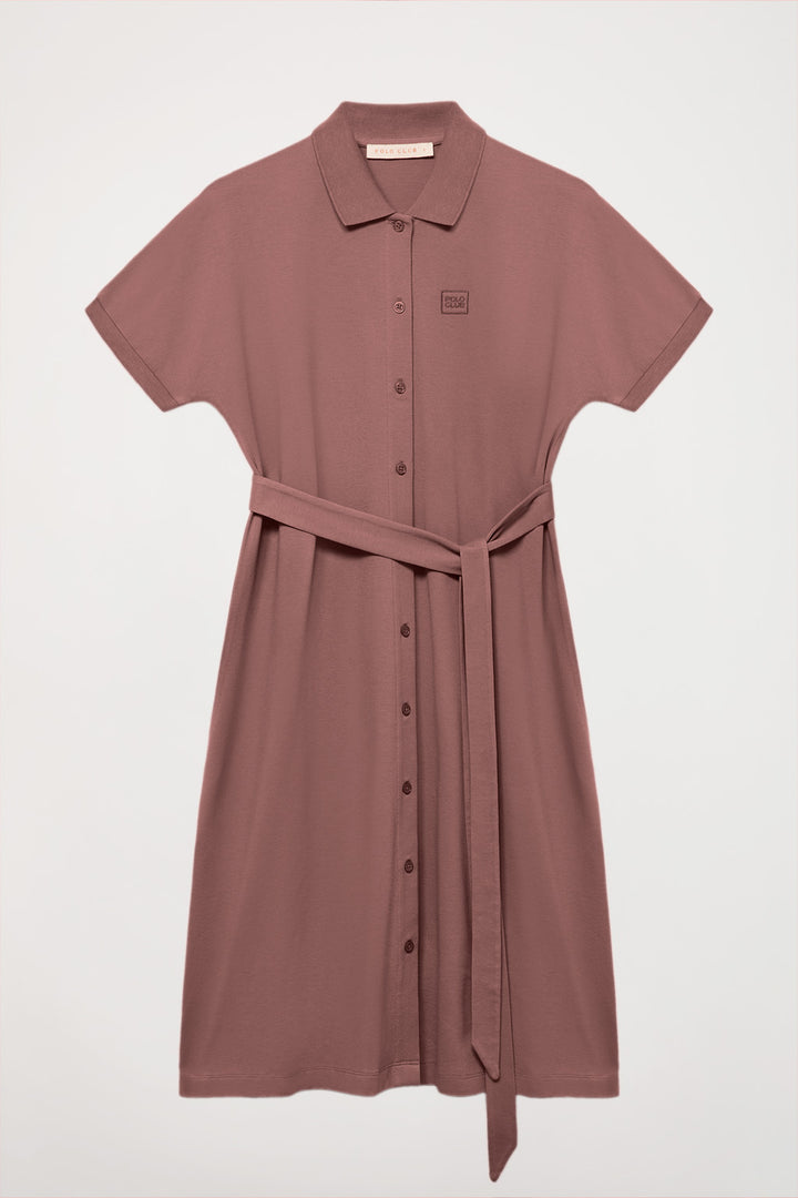 Taupe midi dress with embroidered logo in matching colour