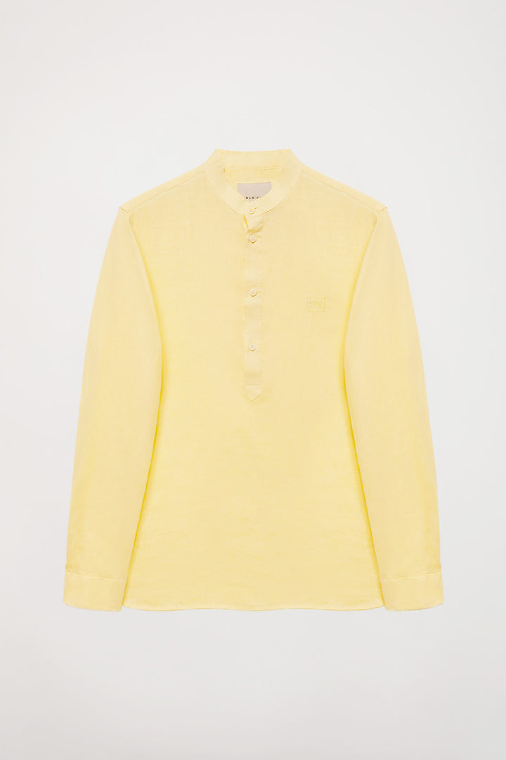 Yellow linen popover shirt with mandarin collar