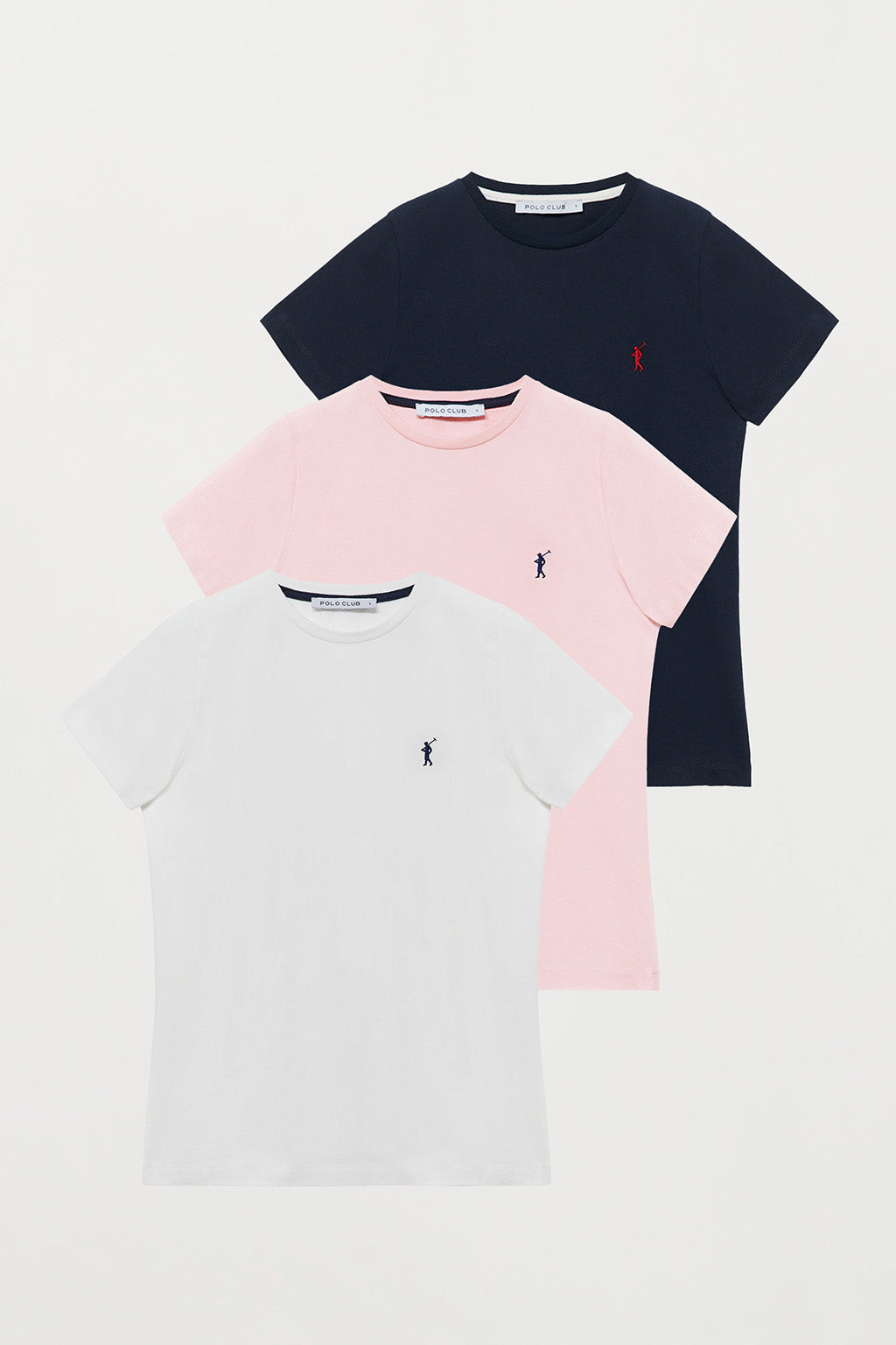 Pack de tres polos azul marino blanco y rosa con logo Rigby Go