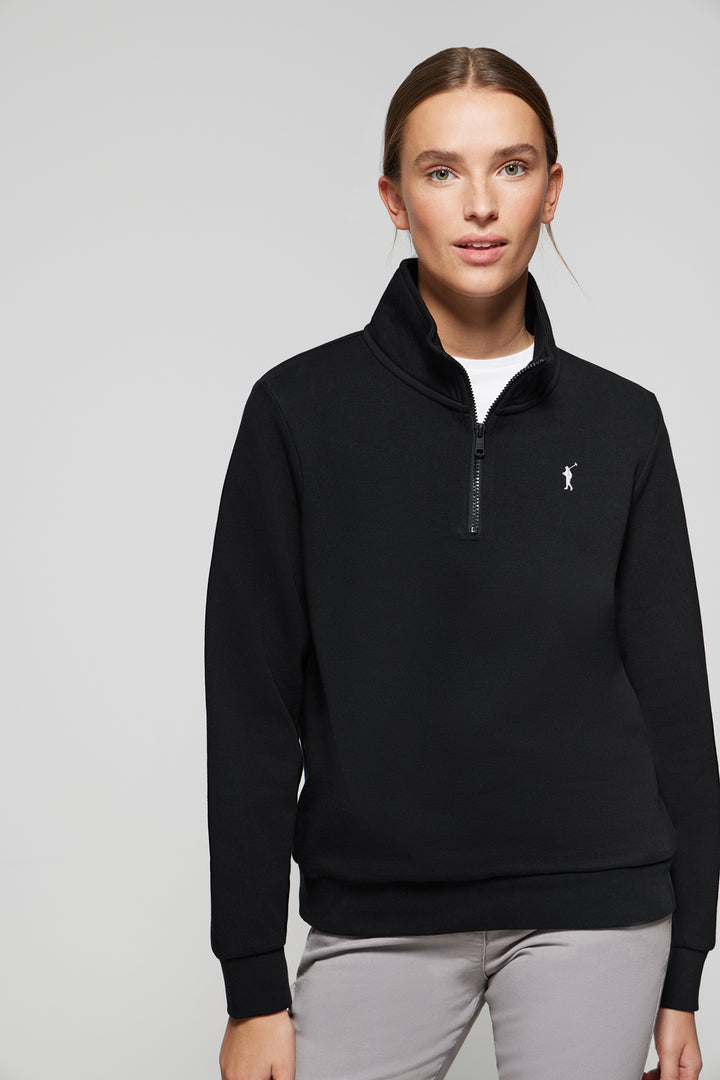 Black half-zip sweatshirt with Rigby Go logo