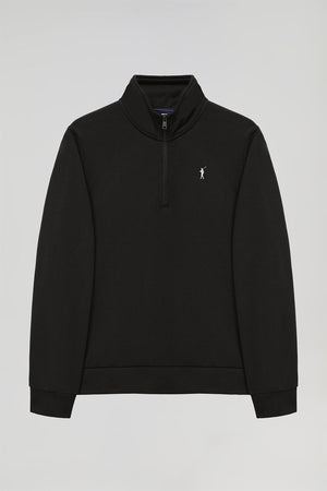 Black half-zip sweatshirt with Rigby Go logo