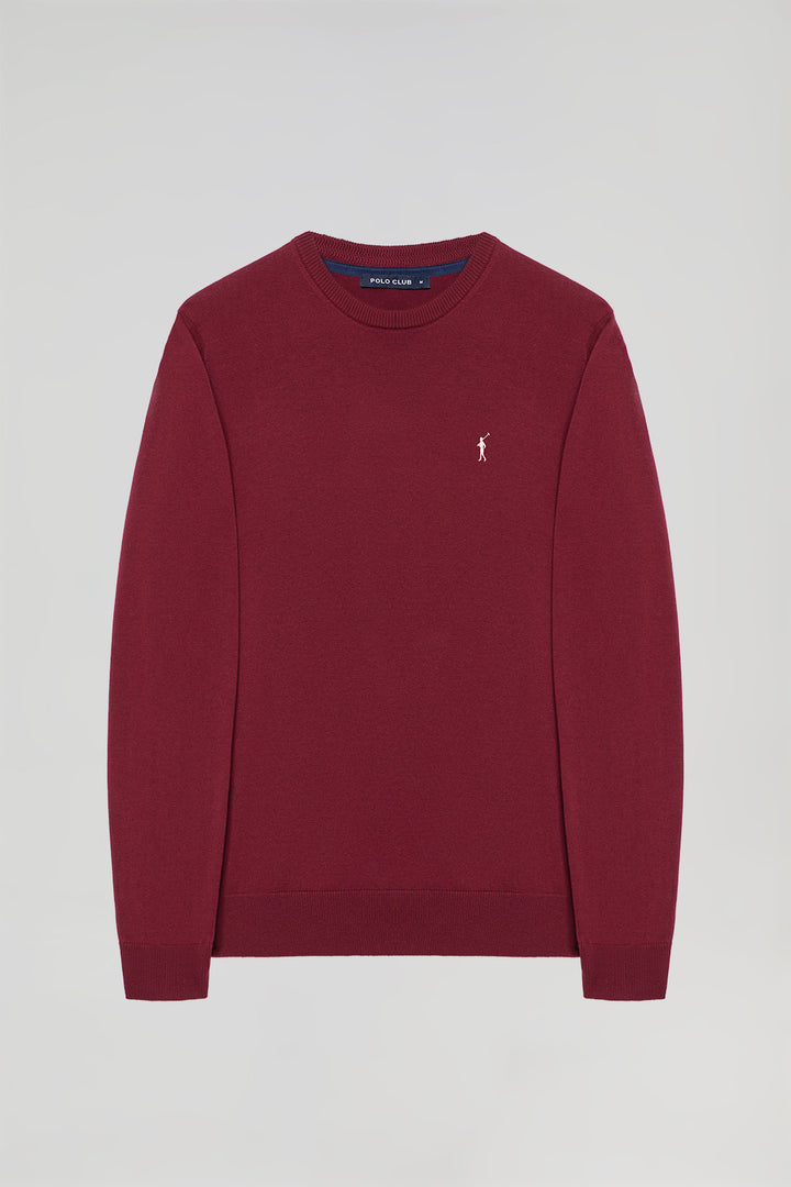 Maroon round-neck basic jumper with Rigby Go logo