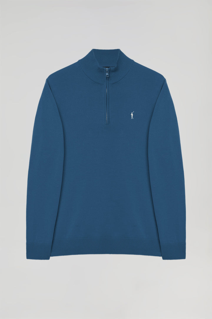 Denim-blue high-neck knit jumper with zip and Rigby Go logo