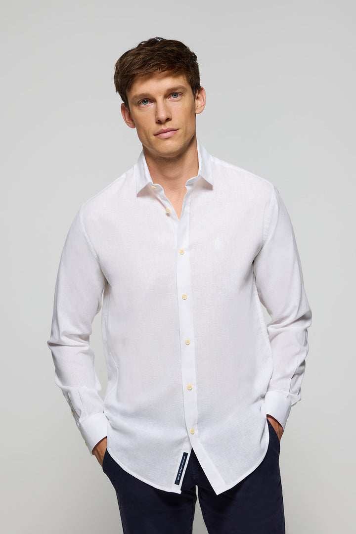 White linen and cotton shirt with Rigby Go logo