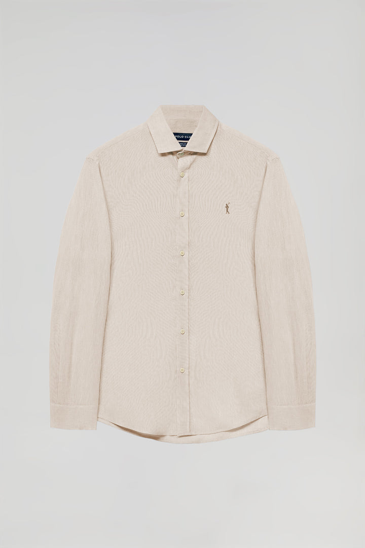 Beige linen and cotton shirt with Rigby Go logo