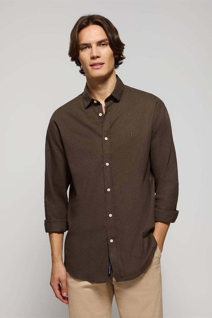 Brown linen and cotton shirt with Rigby Go logo