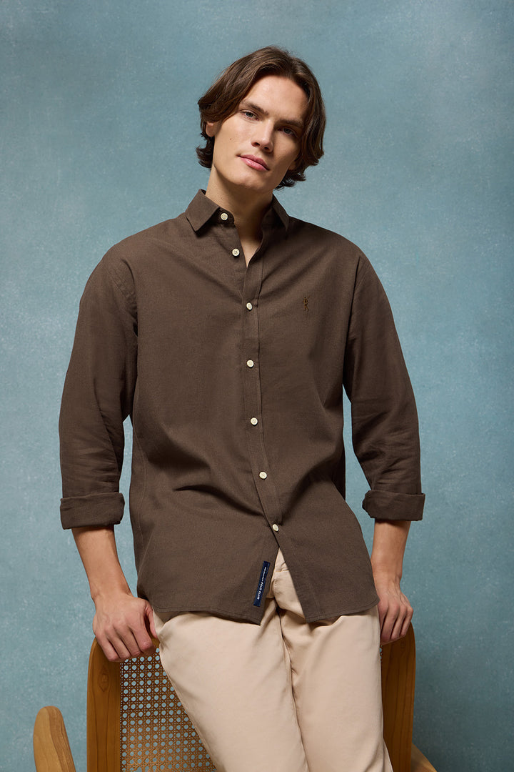 Brown linen and cotton shirt with Rigby Go logo