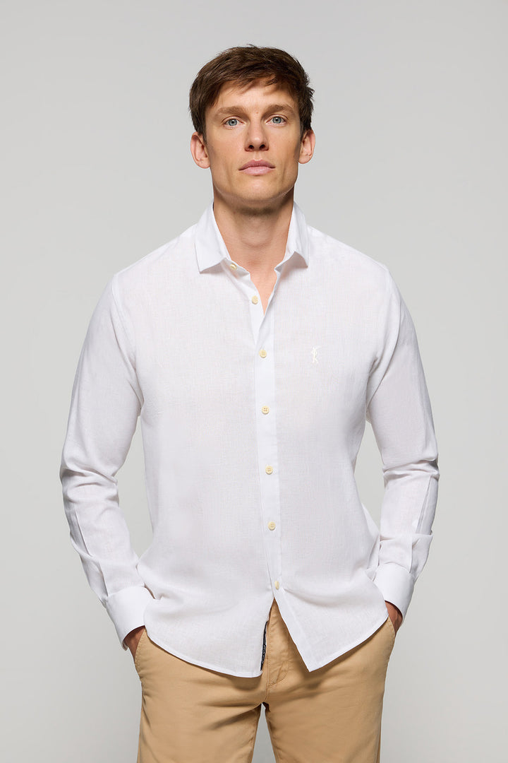 White slim-fit linen and cotton shirt with Rigby Go logo