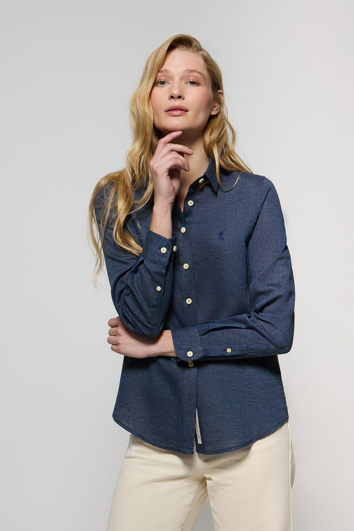 Navy-blue linen and cotton shirt with Rigby Go embroidery