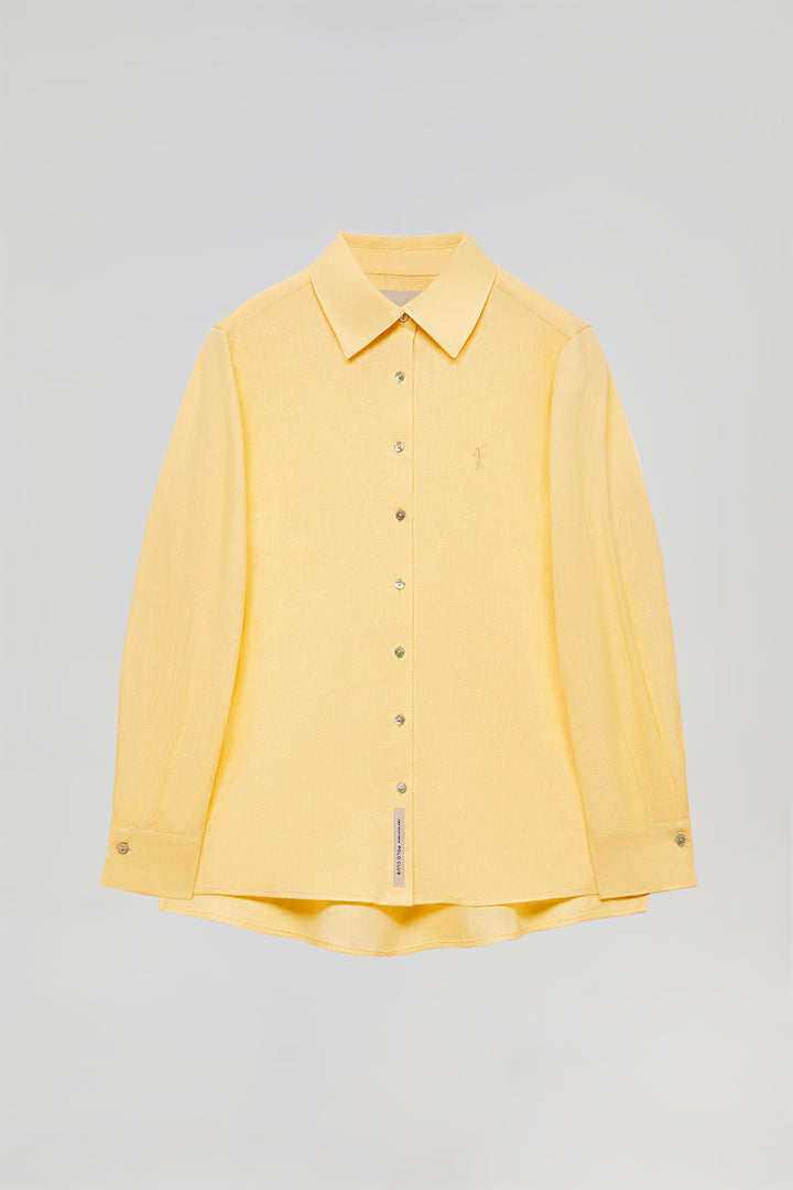 Dusty-yellow linen shirt with Rigby Go embroidered detail