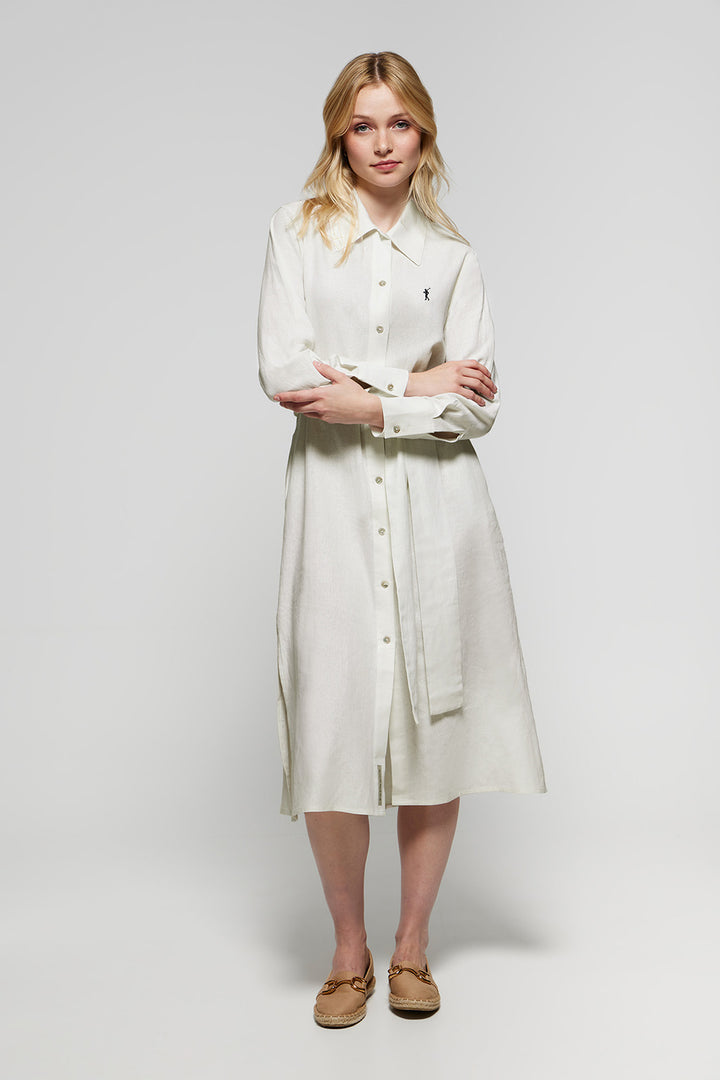 White linen midi dress with Rigby Go embroidered detail