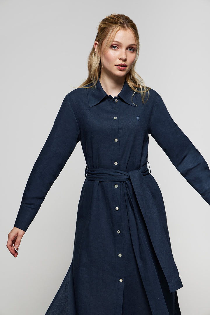 Navy-blue linen midi dress with Rigby Go embroidered detail