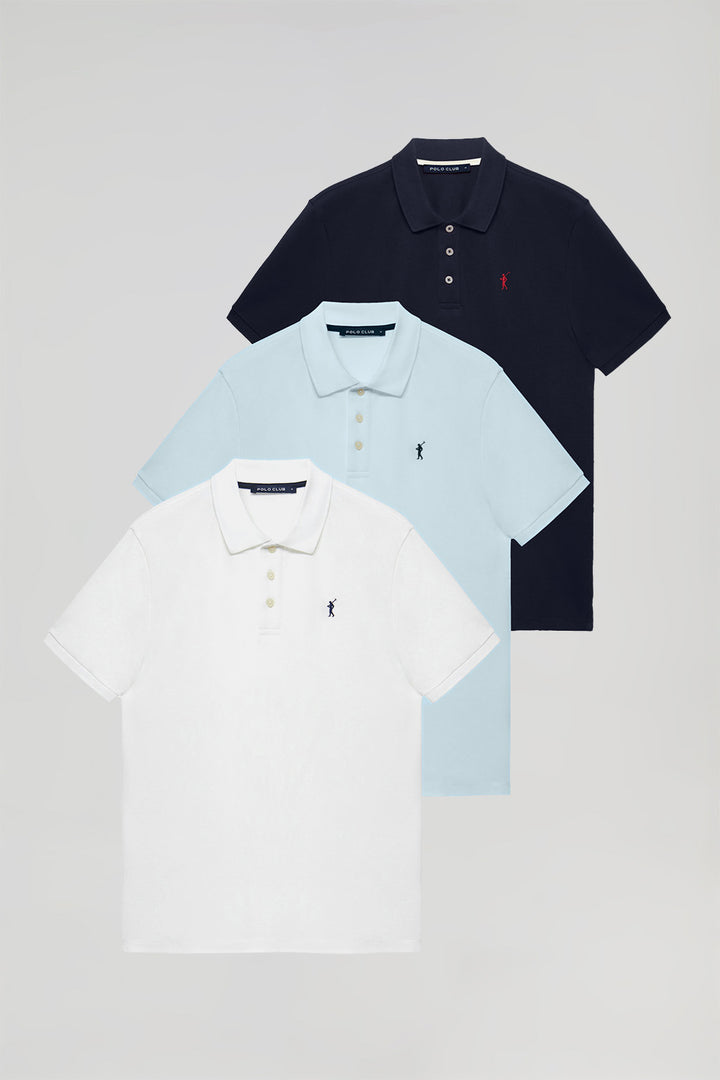 Short-sleeve polo shirt with embroidered logo 3 pack (white, sky blue and navy blue)