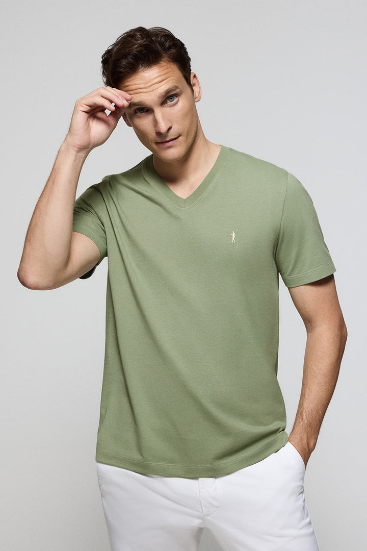 Jade-green V-neck short-sleeve tee with Rigby Go embroidery