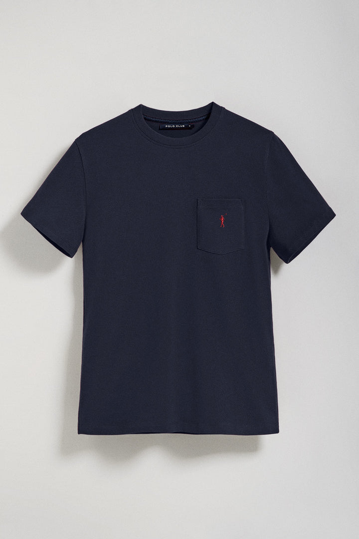 Navy-blue round-neck tee with chest pocket and Rigby Go embroidery