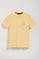 Yellow round-neck tee with chest pocket and Rigby Go embroidery