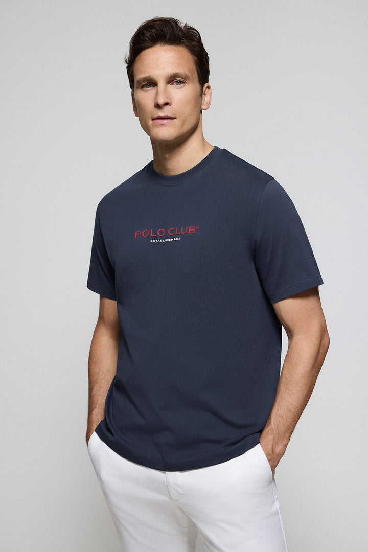 Navy-blue round-neck tee with Minimal Title Polo Club rubber logo