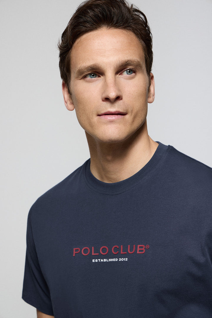 Navy-blue round-neck tee with Minimal Title Polo Club rubber logo