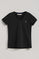 T-shirt preta com decote em bico e manga curta para senhora com bordado Rigby Go