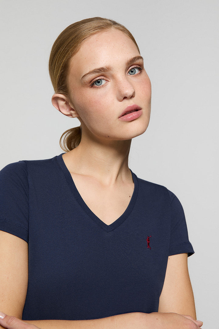 Navy V-neck short-sleeve tee with Rigby Go embroidery for women