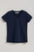 Navy V-neck short-sleeve tee with Rigby Go embroidery for women