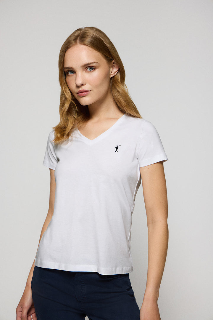 White V-neck short-sleeve tee with Rigby Go embroidery for women