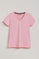 Pink V-neck short-sleeve tee with Rigby Go embroidery for women