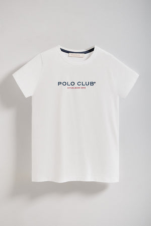Camiseta para mujer de cuello redondo blanca con logo engomado Minimal Title Polo Club