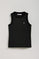 Black sleeveless basic tee with round neck and Rigby Go embroidered logo