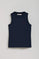 Navy-blue sleeveless basic tee with round neck and Rigby Go embroidered logo