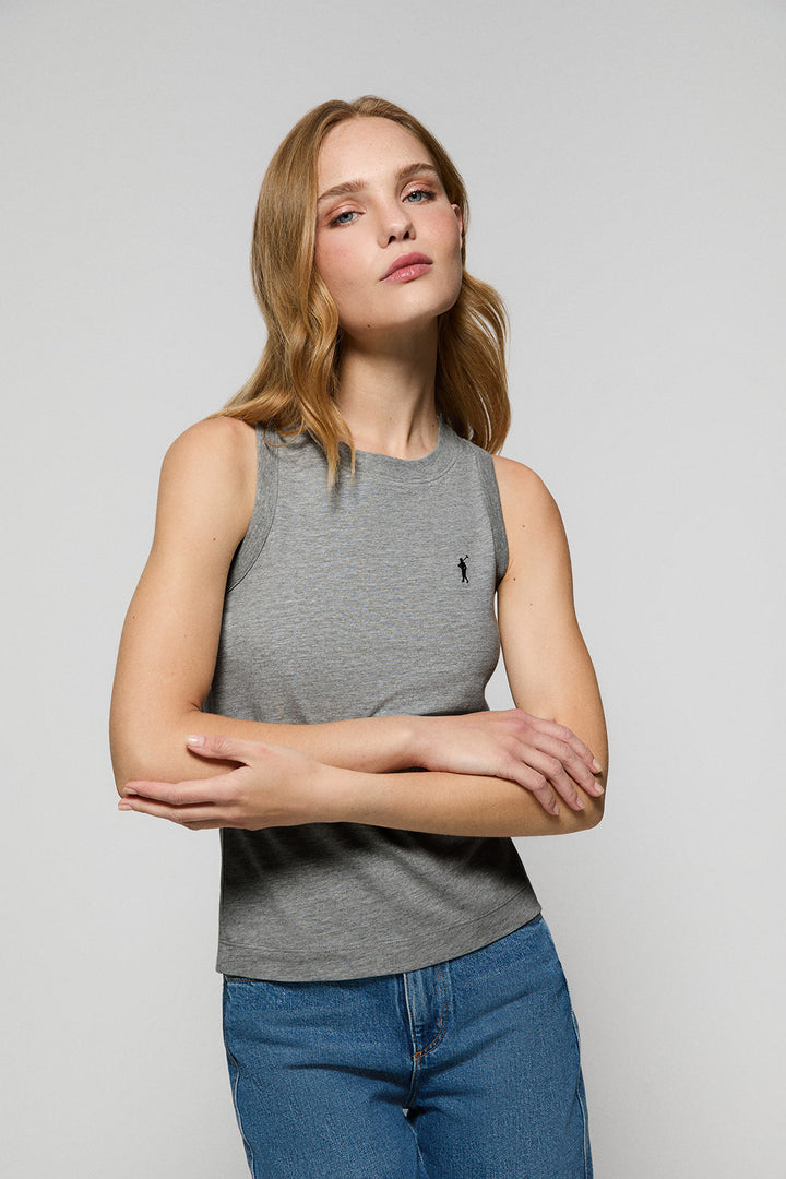 Grey-marl sleeveless basic tee with round neck and Rigby Go embroidered logo