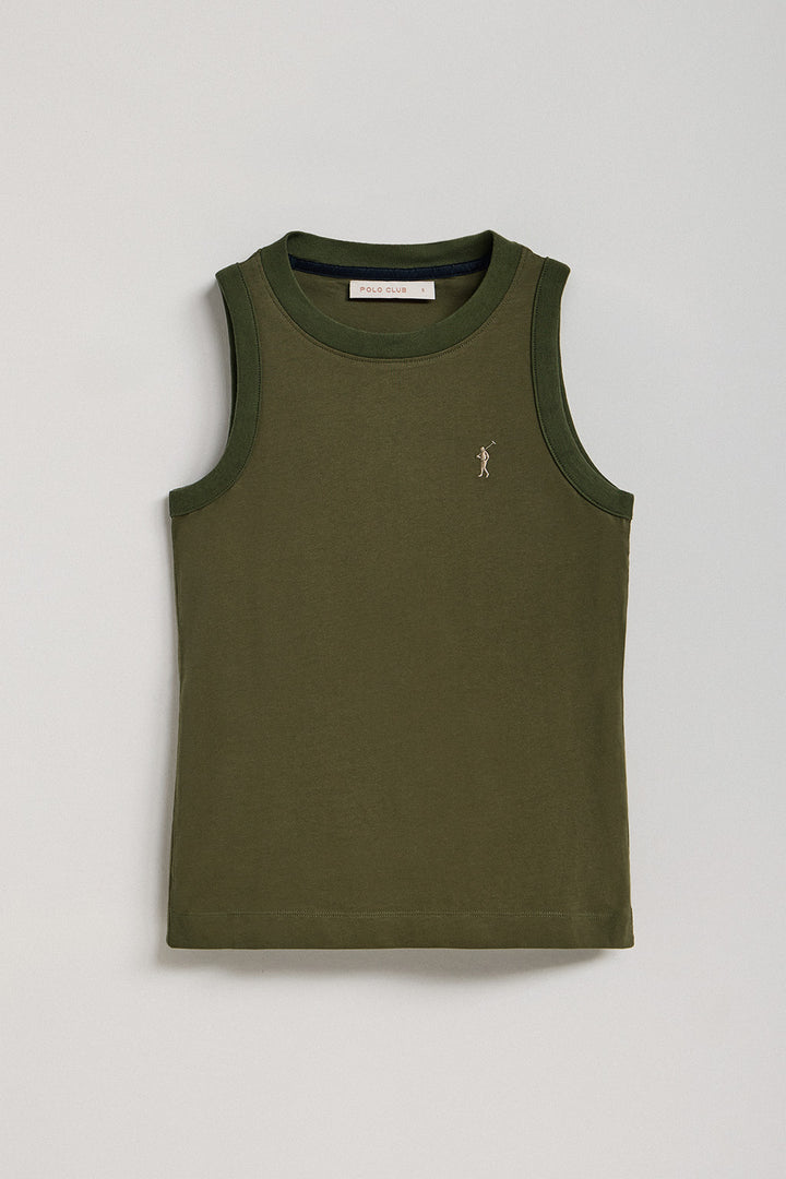 T-shirt básica verde musgo sem mangas e decote redondo com logo bordado Rigby Go