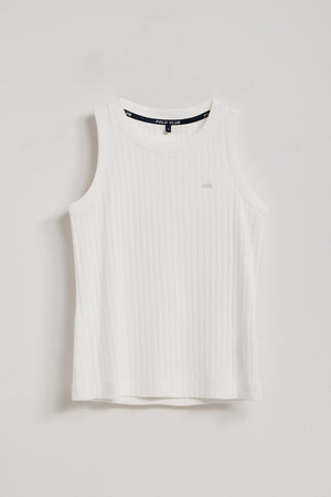 White ribbed sleeveless Tamika top with branded pearly button