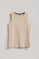 Beige ribbed sleeveless Tamika top with branded pearly button