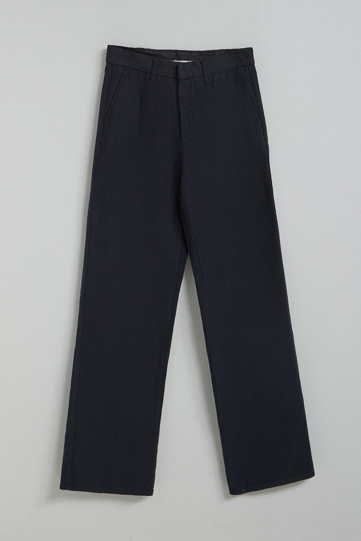 Navy-blue Tamara trousers in linen and cotton with embroidered Polo Club details