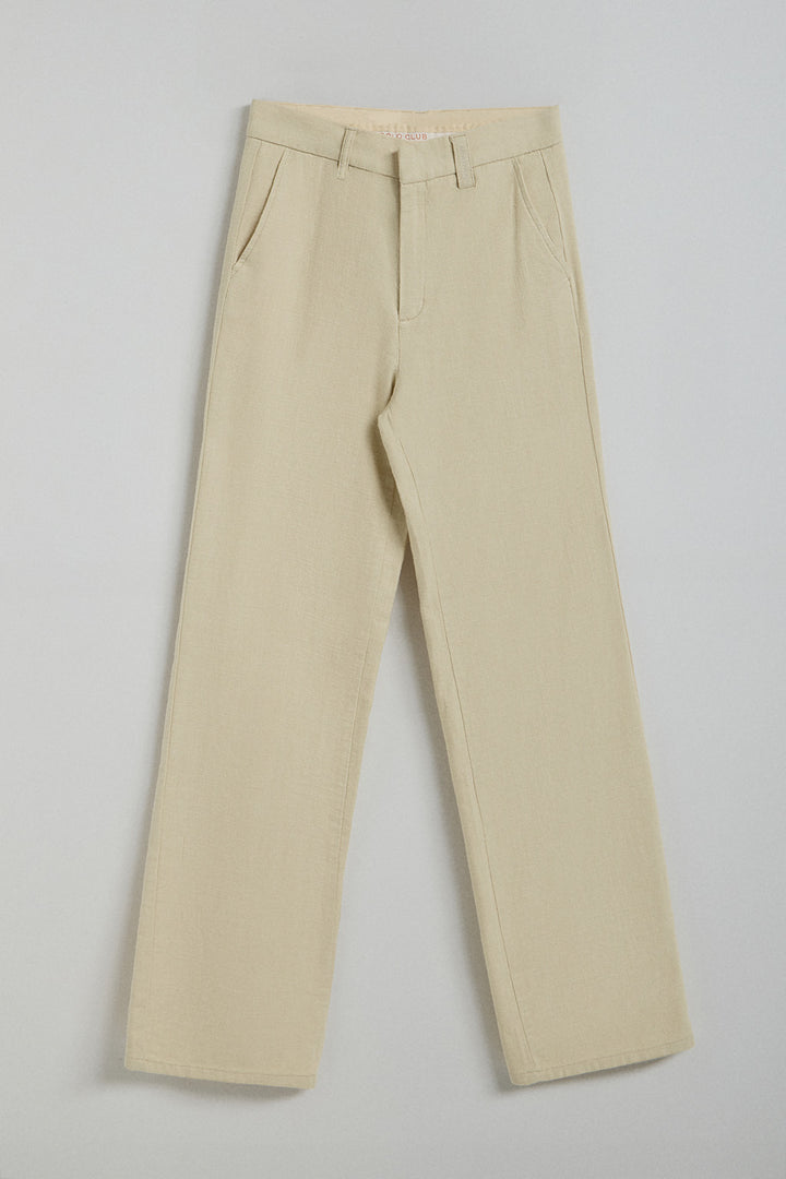 Pantalón Tamara de lino y algodón color arena con detalles bordados Polo Club