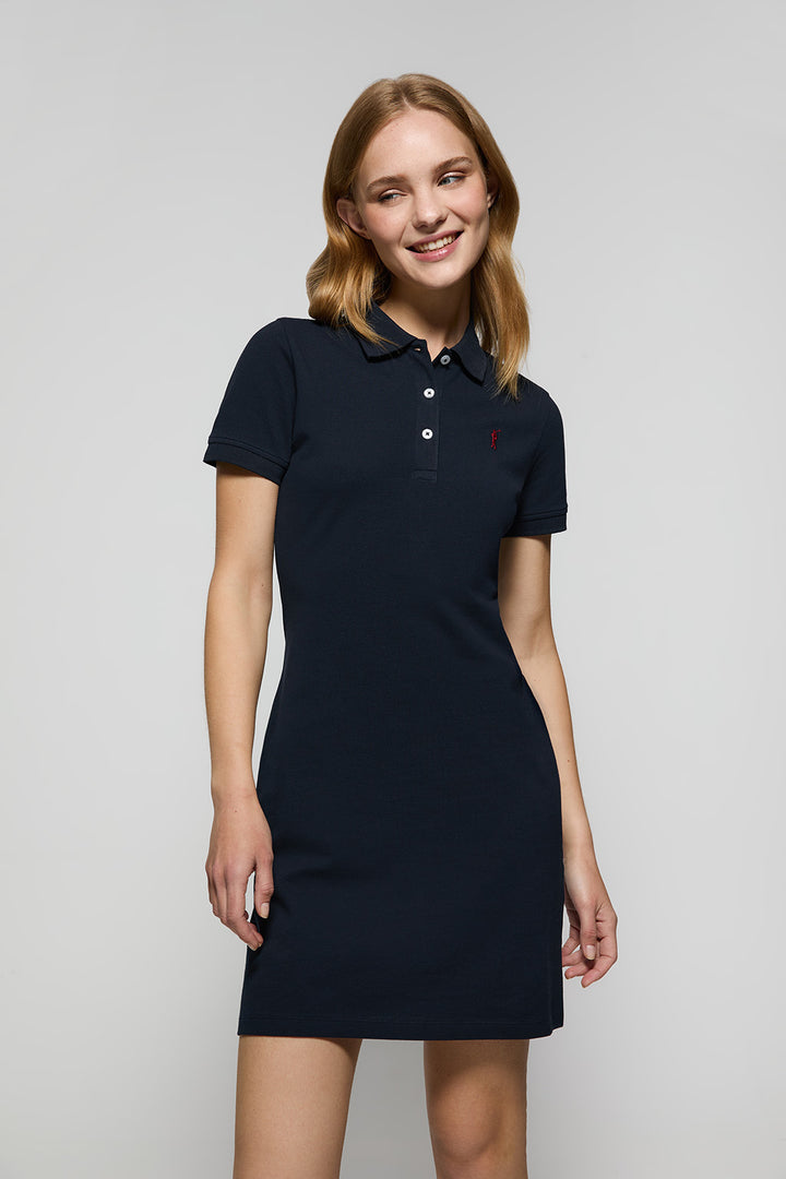 Navy-blue short-sleeve popover dress with Rigby Go embroidery