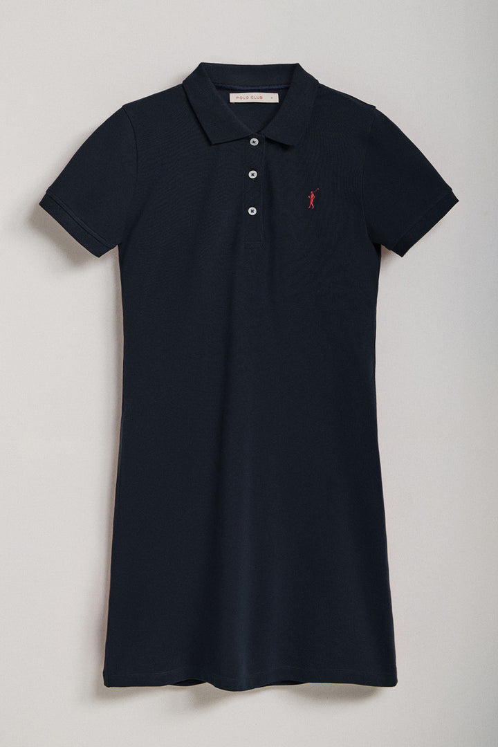 Navy-blue short-sleeve popover dress with Rigby Go embroidery
