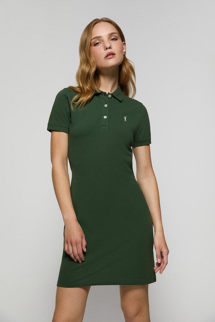 Bottle-green short-sleeve popover dress with Rigby Go embroidery