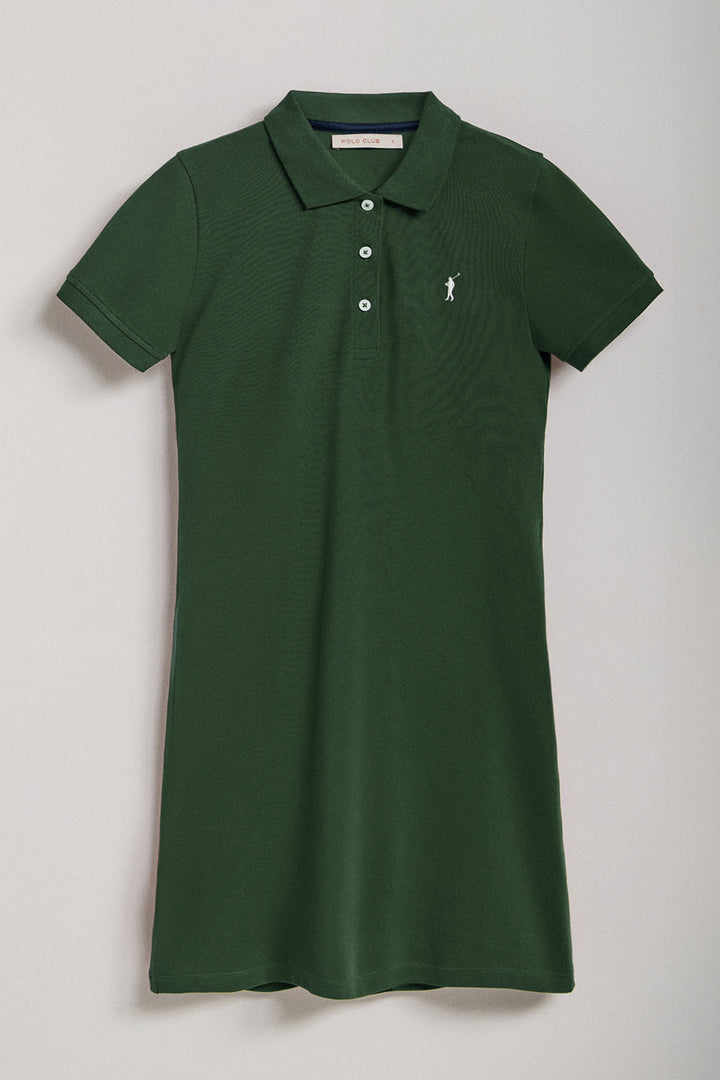Bottle-green short-sleeve popover dress with Rigby Go embroidery