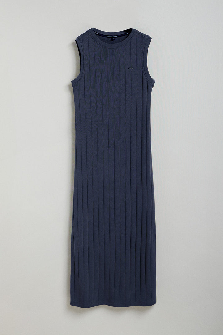 Navy-blue long ribbed dress with Polo Club detail