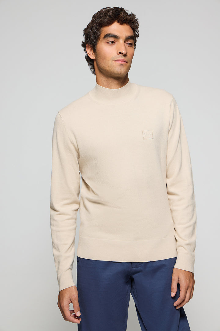 Beige mock-neck knit jumper Khan with Polo Club details