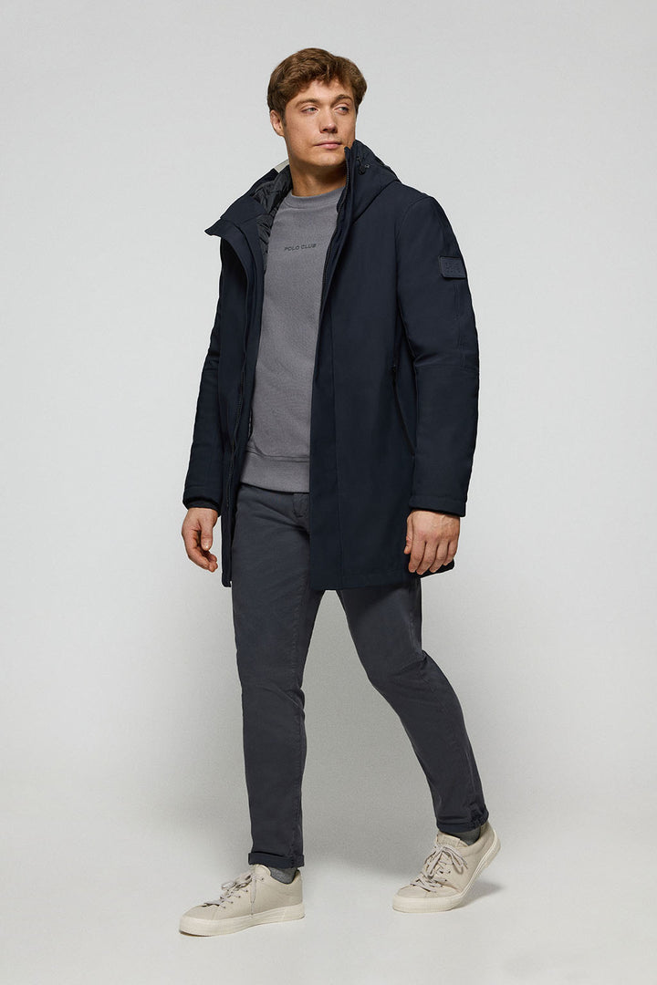 Navy-blue coat Mackey with fixed hood and Polo Club details