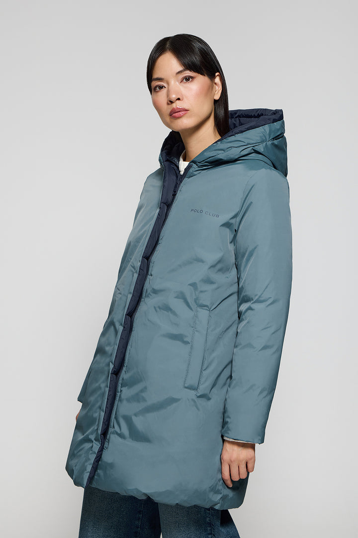 Blue reversible coat Gracia with fixed hood and Polo Club details