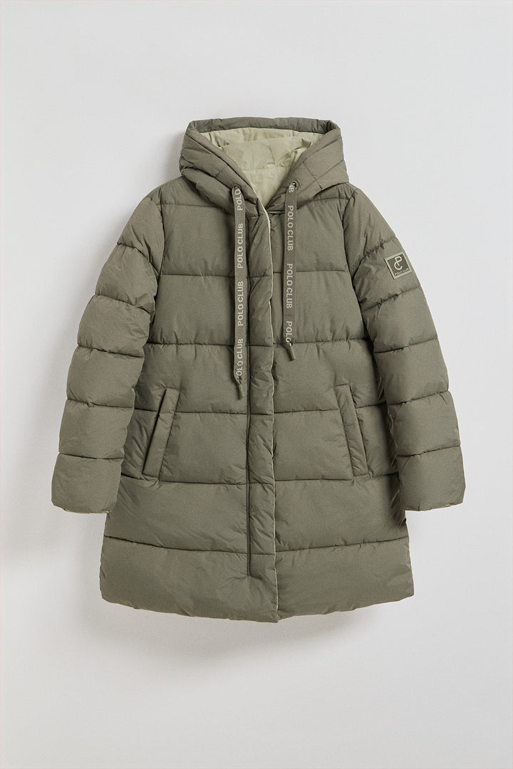 Green reversible coat Gracia with fixed hood and Polo Club details