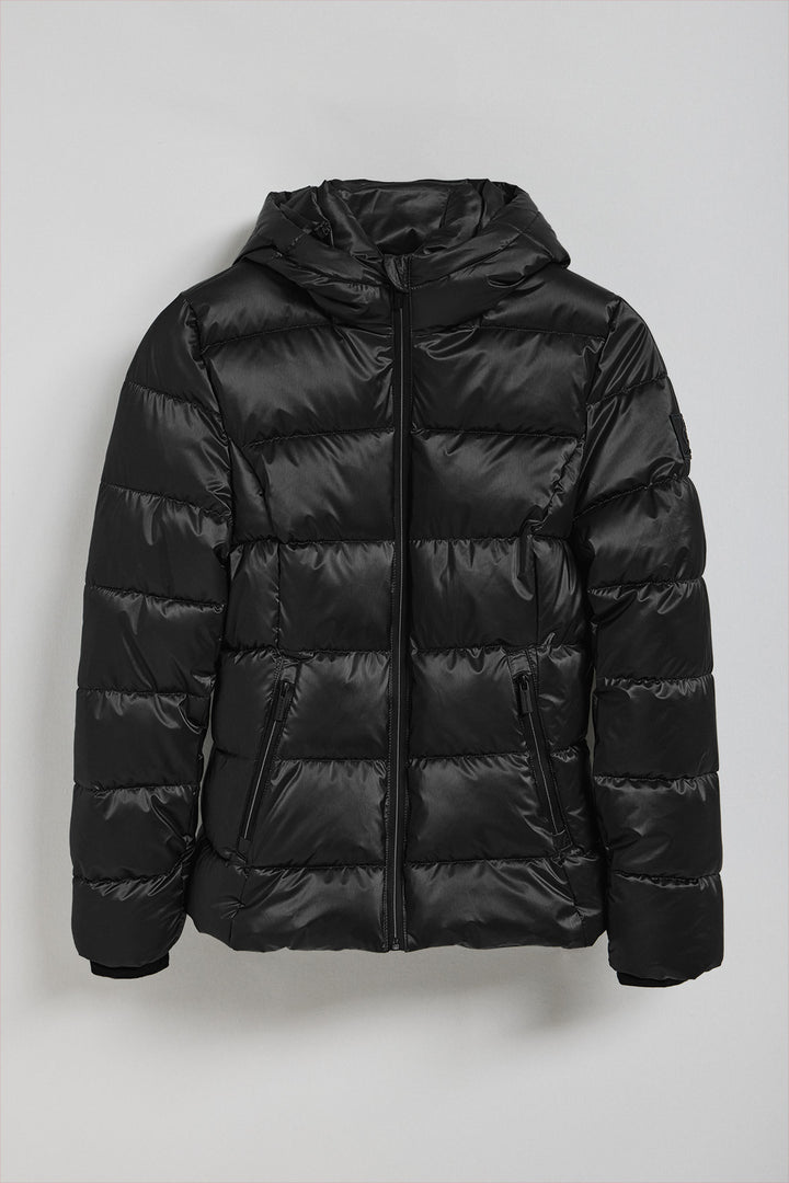 Black glitter-effect short coat Snow with fixed hood and Polo Club details