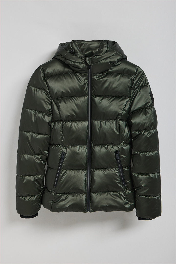 Green glitter-effect short coat Snow with fixed hood and Polo Club details