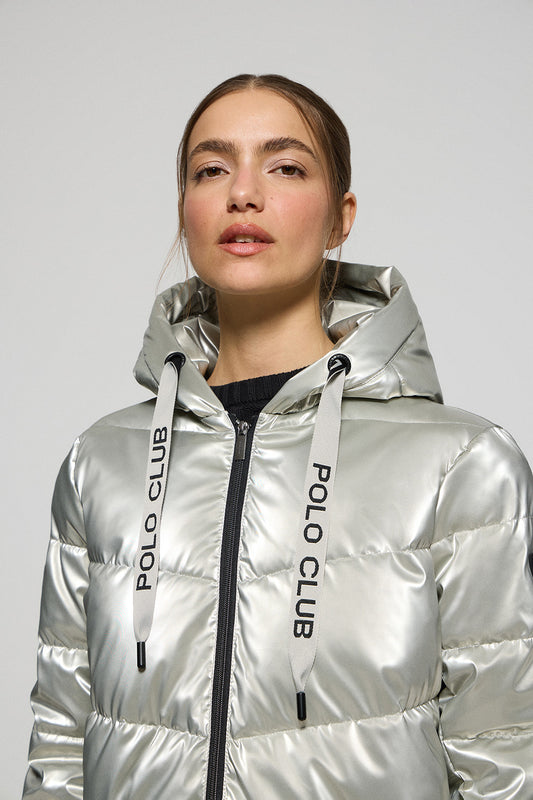 Platinum metal-effect coat Catele with fixed hood and Polo Club details